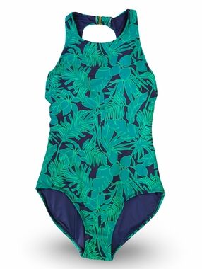 NWOT Lands' End Womens One-Piece Swimsuit Tropical Green Navy Pattern Size M